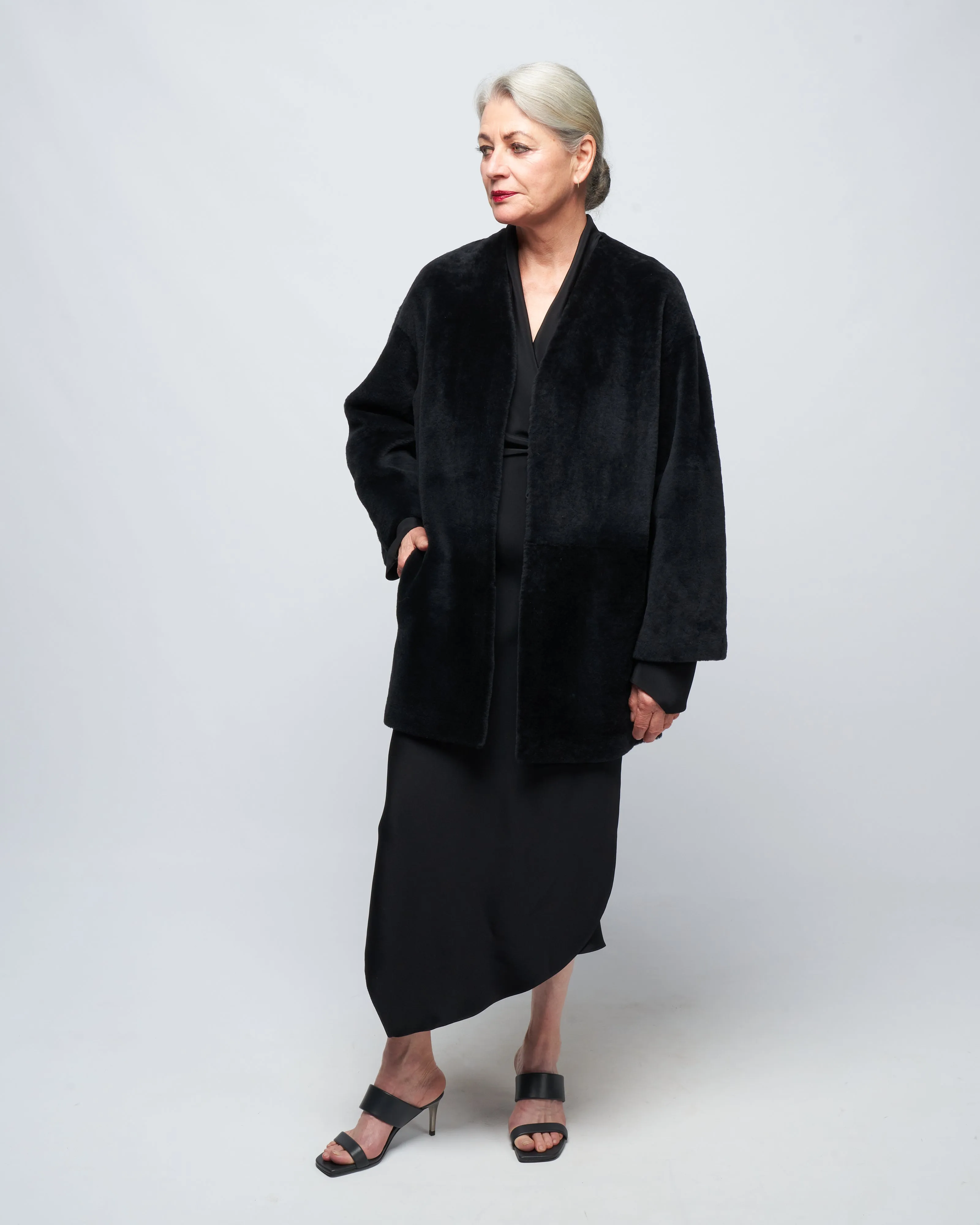 v neck long cardigan - black merino