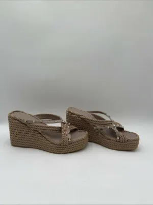 Valentino Garavani Women's Rockstud Torchon Wedge Espadrille Sandals Beige 42 - Very Good
