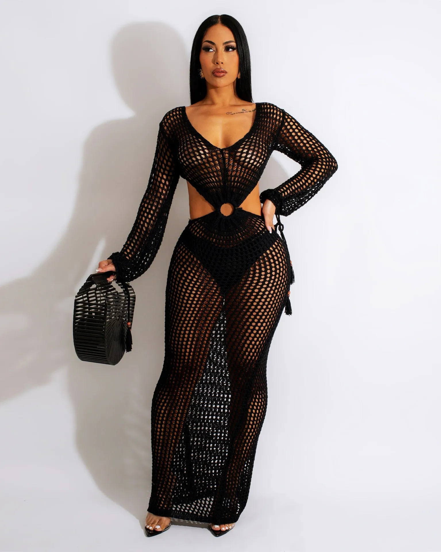 Veda Long Sleeve Crochet Cutout Sheer Maxi Dress