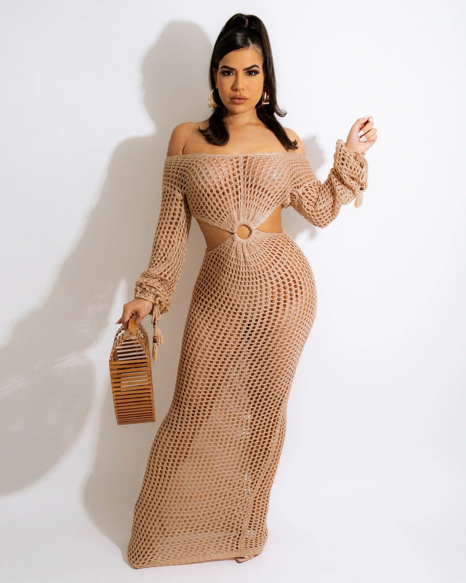 Veda Long Sleeve Crochet Cutout Sheer Maxi Dress