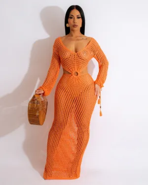Veda Long Sleeve Crochet Cutout Sheer Maxi Dress
