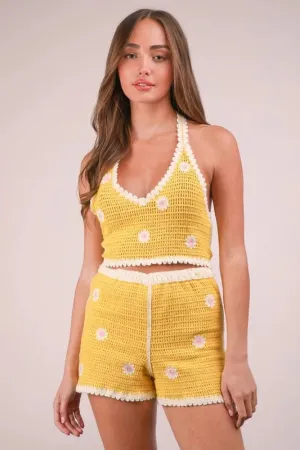 VERY J Floral Crochet Top and Shorts Set