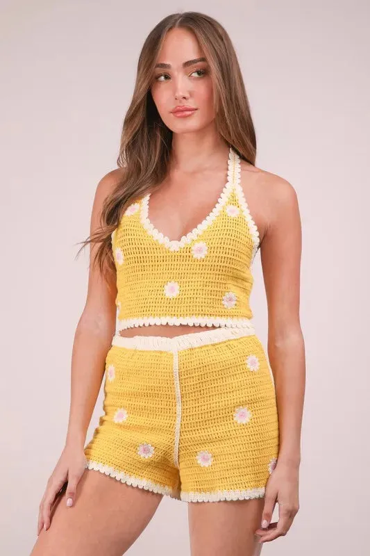 VERY J Floral Crochet Top and Shorts Set