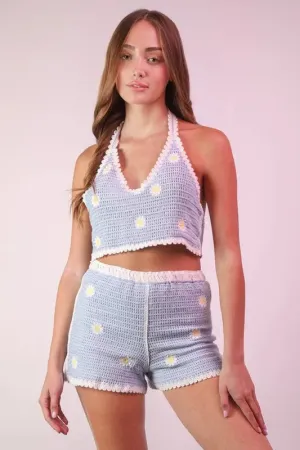 VERY J Floral Crochet Top and Shorts Set