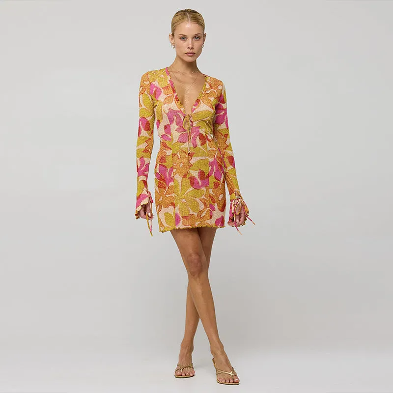 Vibrant Floral Long-Sleeve Button-Front Casual Mini Dress