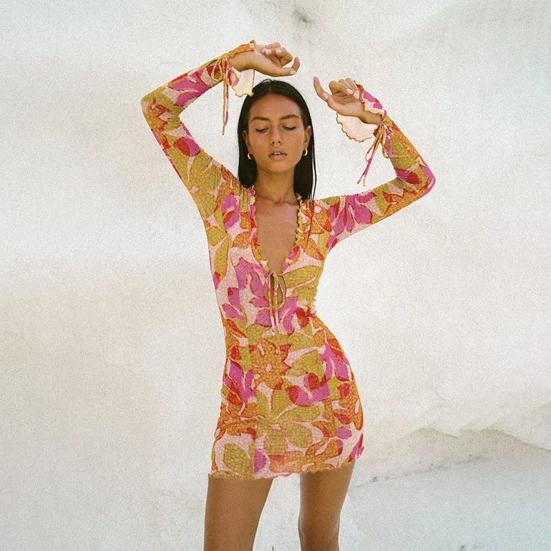 Vibrant Floral Long-Sleeve Button-Front Casual Mini Dress