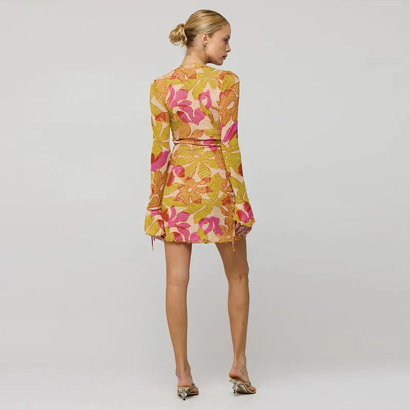 Vibrant Floral Long-Sleeve Button-Front Casual Mini Dress