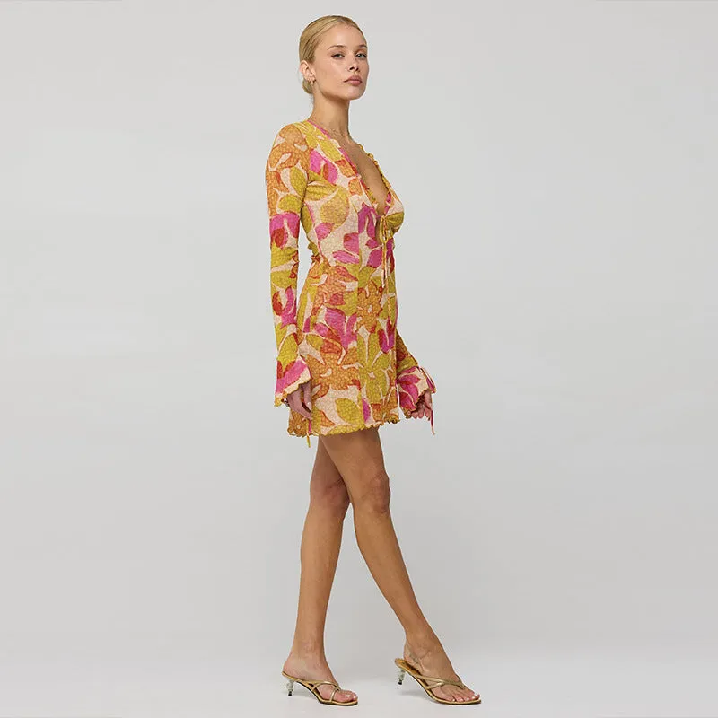 Vibrant Floral Long-Sleeve Button-Front Casual Mini Dress