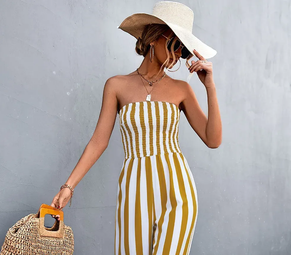 Victoria Strapless Smocked Striped Wide Leg Jumpsuit