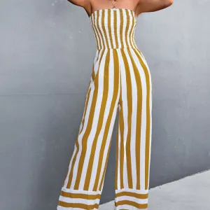 Victoria Strapless Smocked Striped Wide Leg Jumpsuit