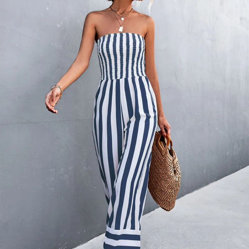Victoria Strapless Smocked Striped Wide Leg Jumpsuit