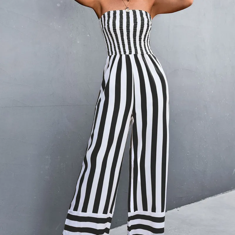 Victoria Strapless Smocked Striped Wide Leg Jumpsuit