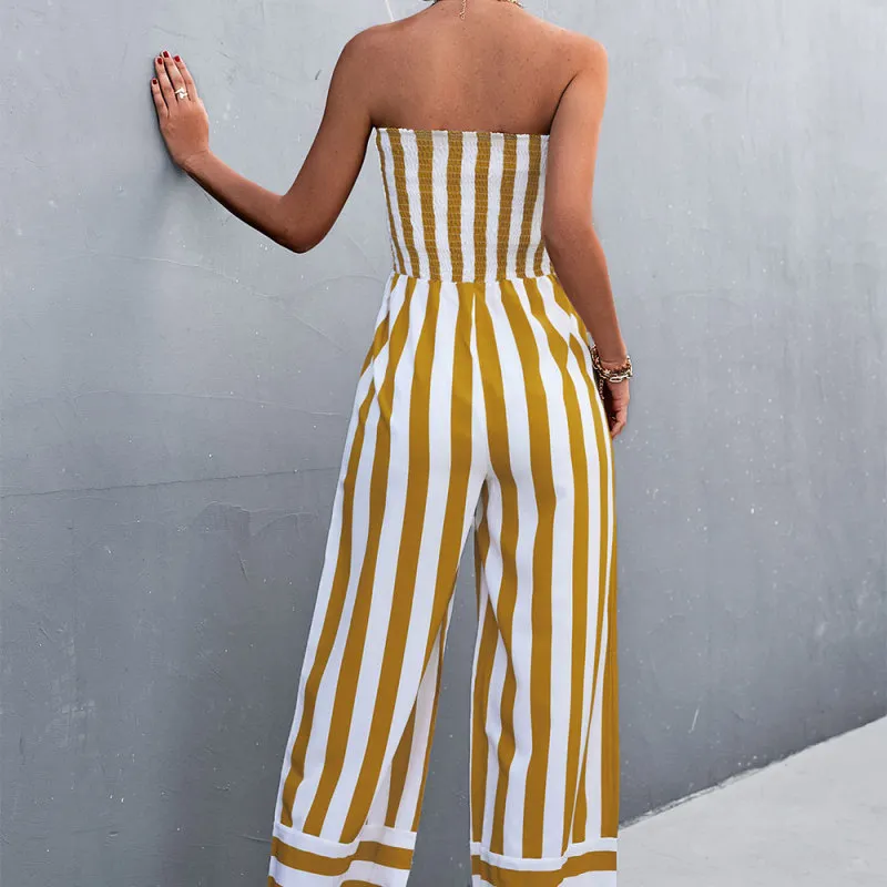 Victoria Strapless Smocked Striped Wide Leg Jumpsuit