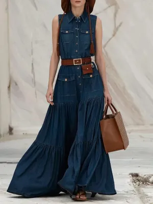 Vintage Denim A-Line Tank Dress with Pockets