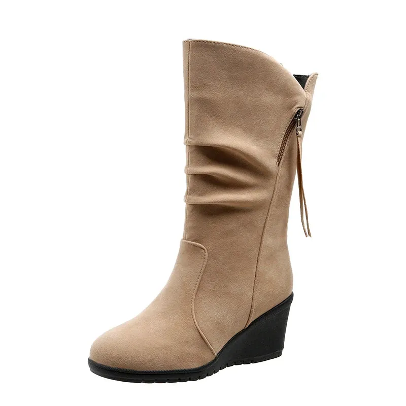 Vintage Faux Suede Wedge Ankle Boots for Women's 2024 Autumn Winter Warm Plush Flat Heels Short Boots Woman Slip on Cowboy Botas