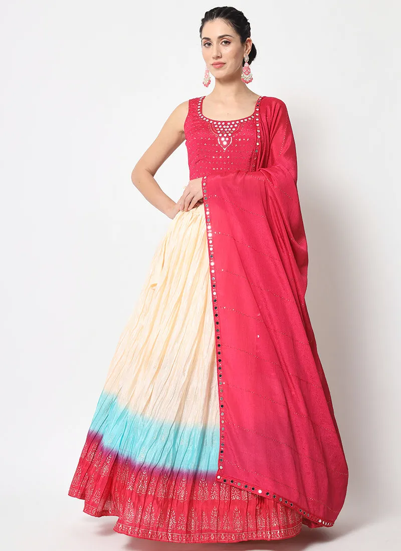 White Pink Ombré Sequence Embroidery Silk Lehenga Choli