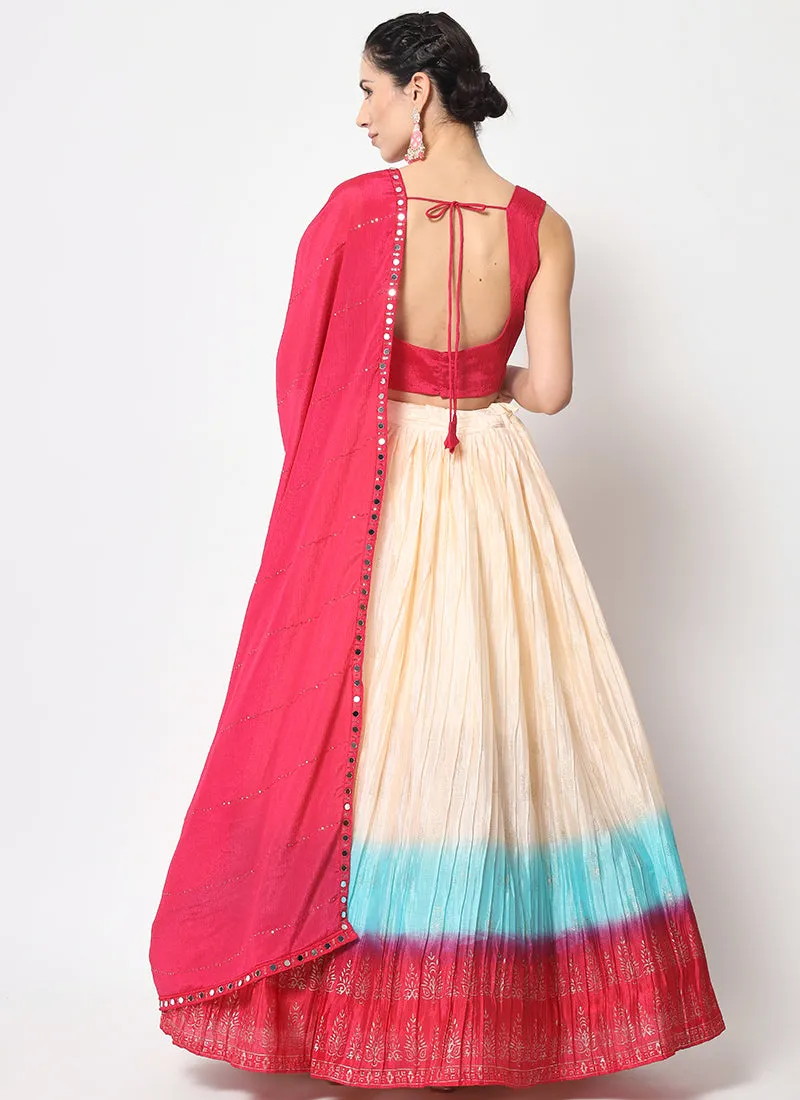White Pink Ombré Sequence Embroidery Silk Lehenga Choli
