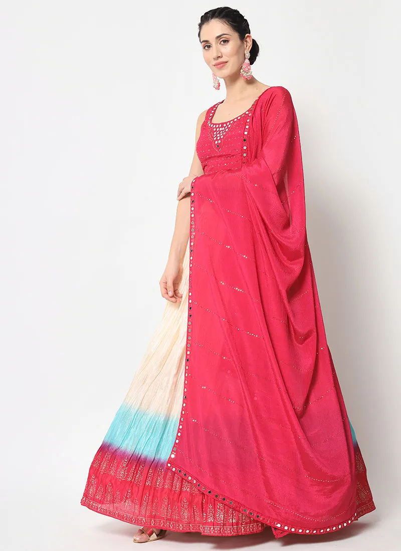 White Pink Ombré Sequence Embroidery Silk Lehenga Choli