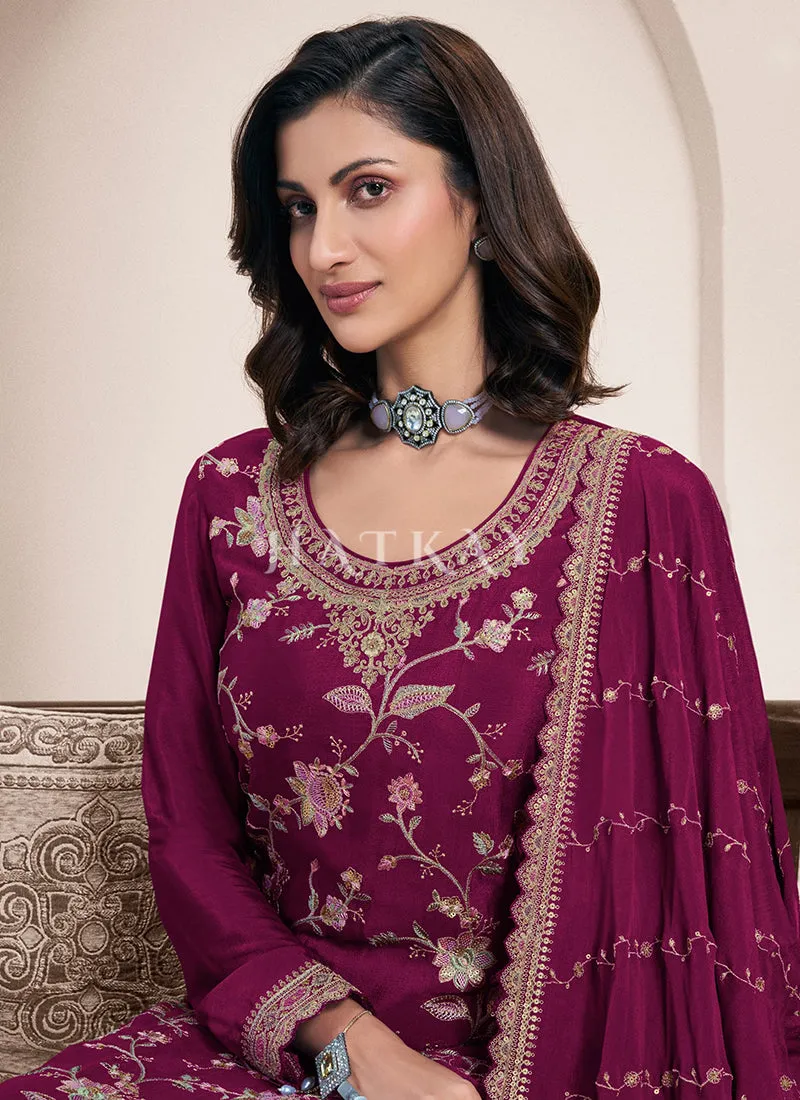 Wine Floral Embroidery Palazzo Suit