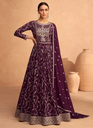 Wine Sequence Embroidery Festive Anarkali Suit
