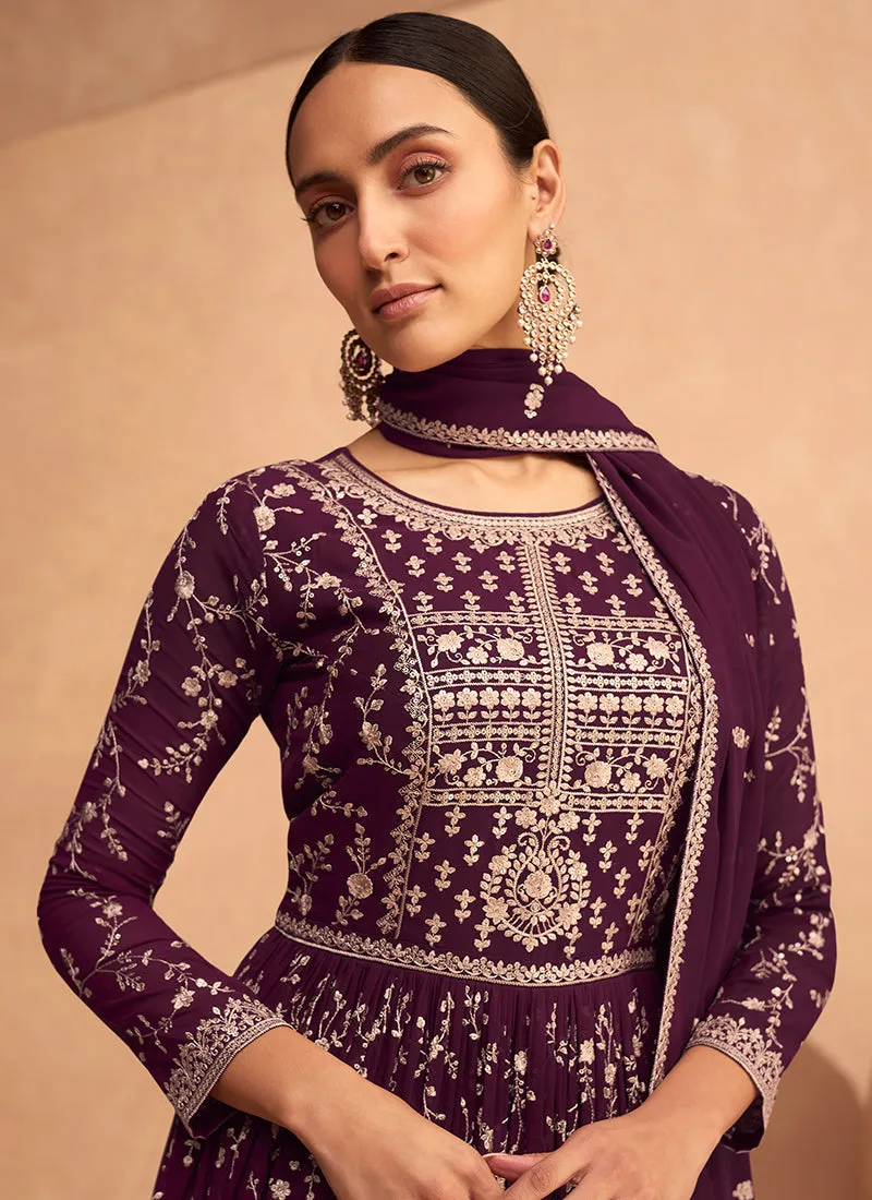 Wine Sequence Embroidery Festive Anarkali Suit