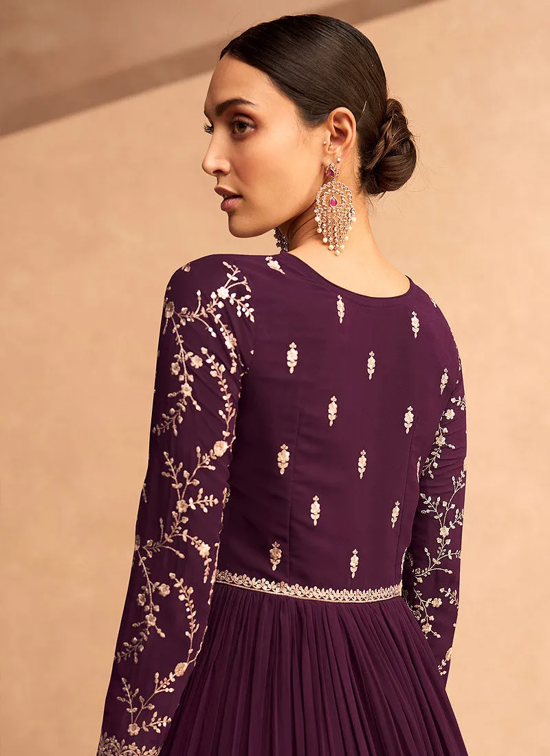Wine Sequence Embroidery Festive Anarkali Suit