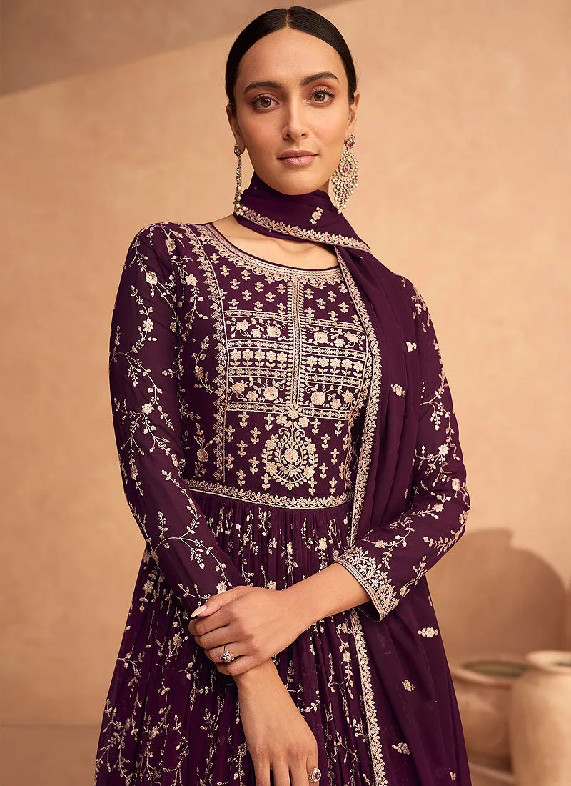 Wine Sequence Embroidery Festive Anarkali Suit