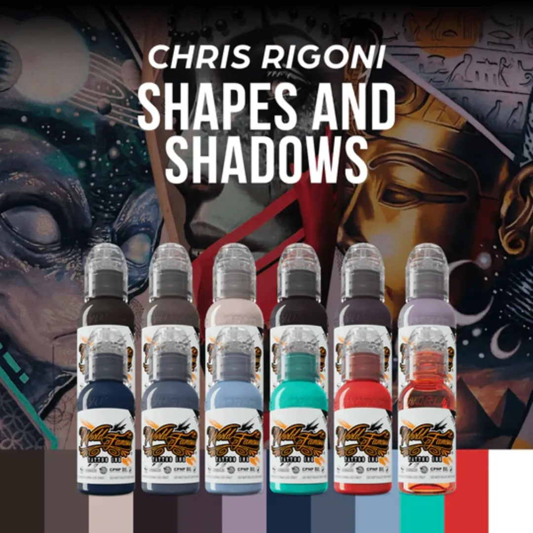 WORLD FAMOUS TATTOO INK 12 COLOR CHRIS RIGONI SHAPES AND SHADOWS SET 1OZ