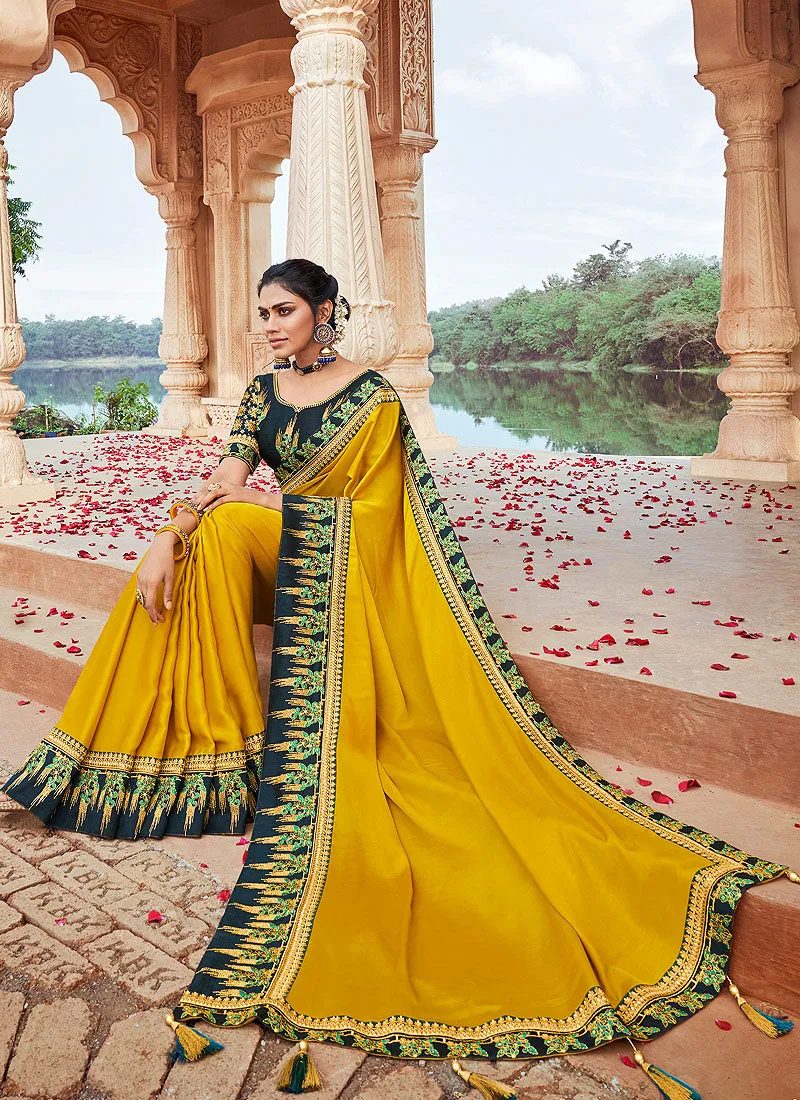 Yellow And Green Multi Embroidered Saree