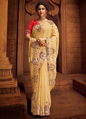 Yellow And Red Multi Embroidered Partywear Saree