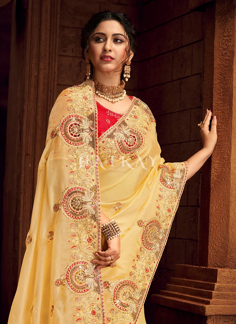 Yellow And Red Multi Embroidered Partywear Saree