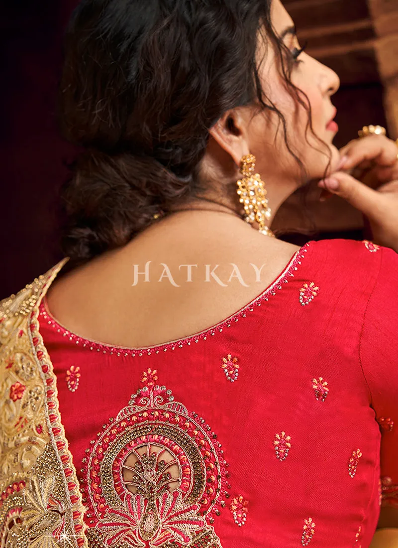 Yellow And Red Multi Embroidered Partywear Saree