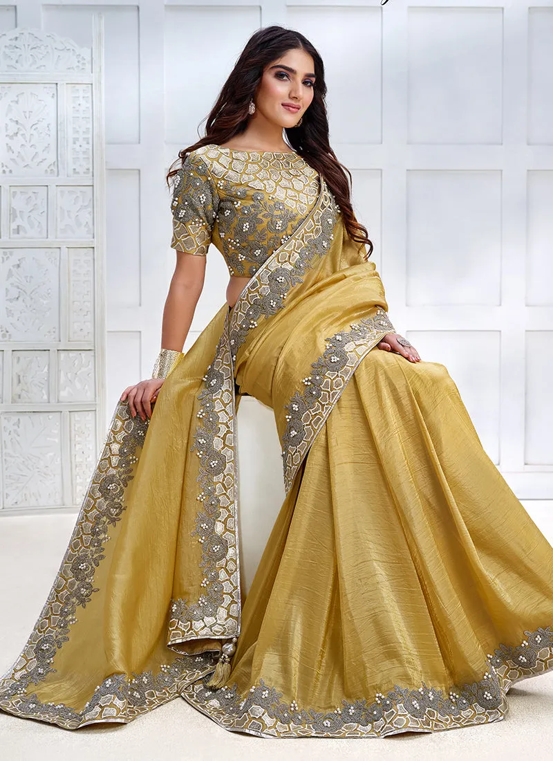 Yellow Embroidery Silk Wedding Saree