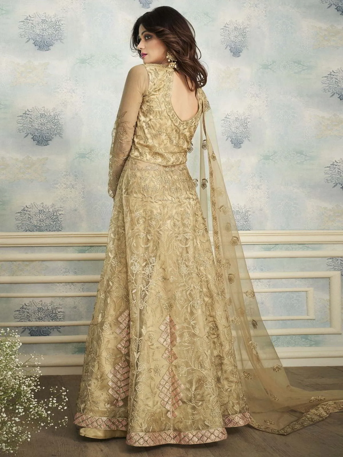 Yellow Golden Heavy Embroidered Indo Western Wedding Lehenga
