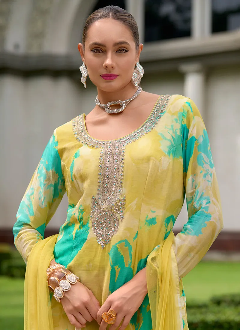 Yellow Multicoloured Sequence Embroidery Printed Palazzo Suit