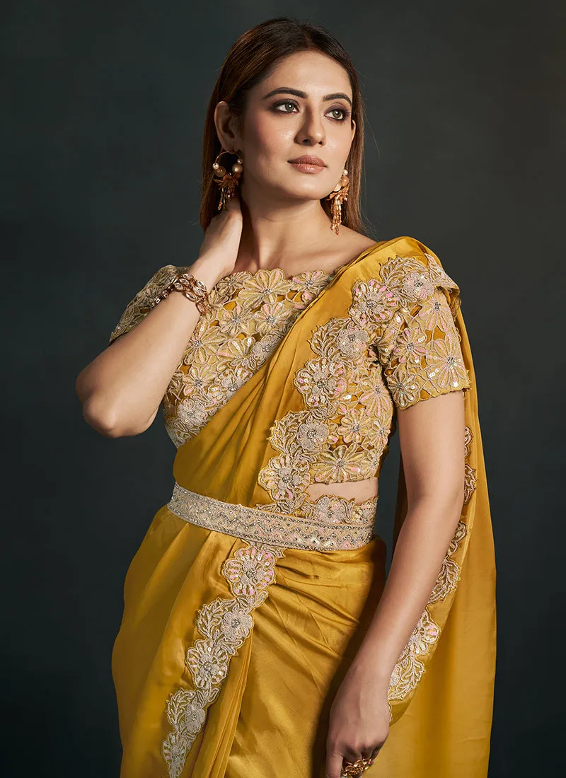 Yellow Sequence And Appliqué Embroidery Wedding Saree