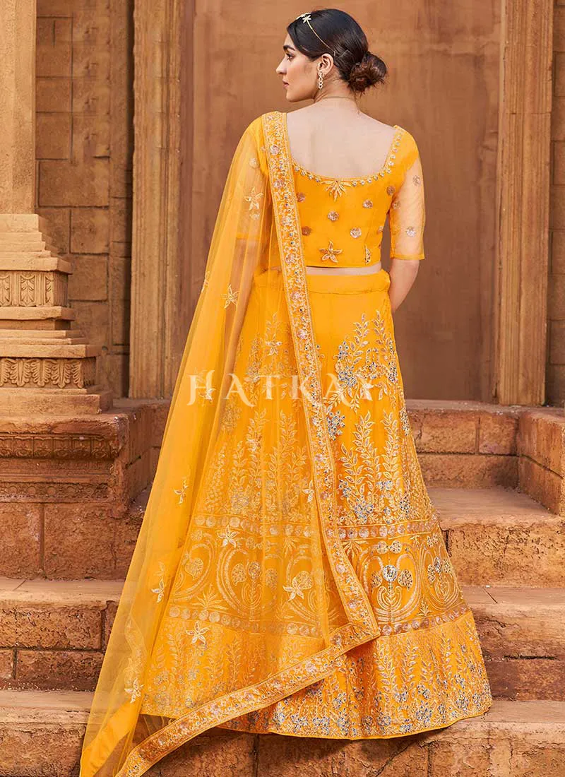 Yellow Zari And Mirror Embroidered Lehenga Choli