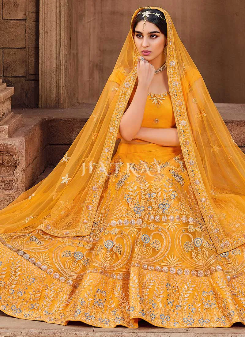 Yellow Zari And Mirror Embroidered Lehenga Choli