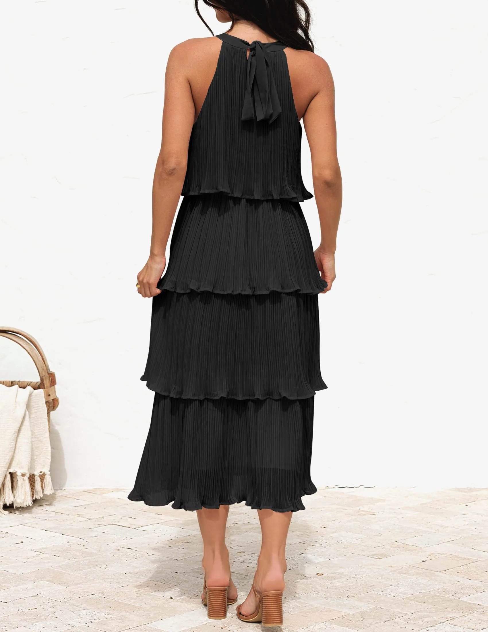 ZESICA Women's 2025 Summer Sleeveless Halter Neck Ruffle Tiered Layed Chiffon Flowy Swing Long Midi Dress,Dark Black,Medium