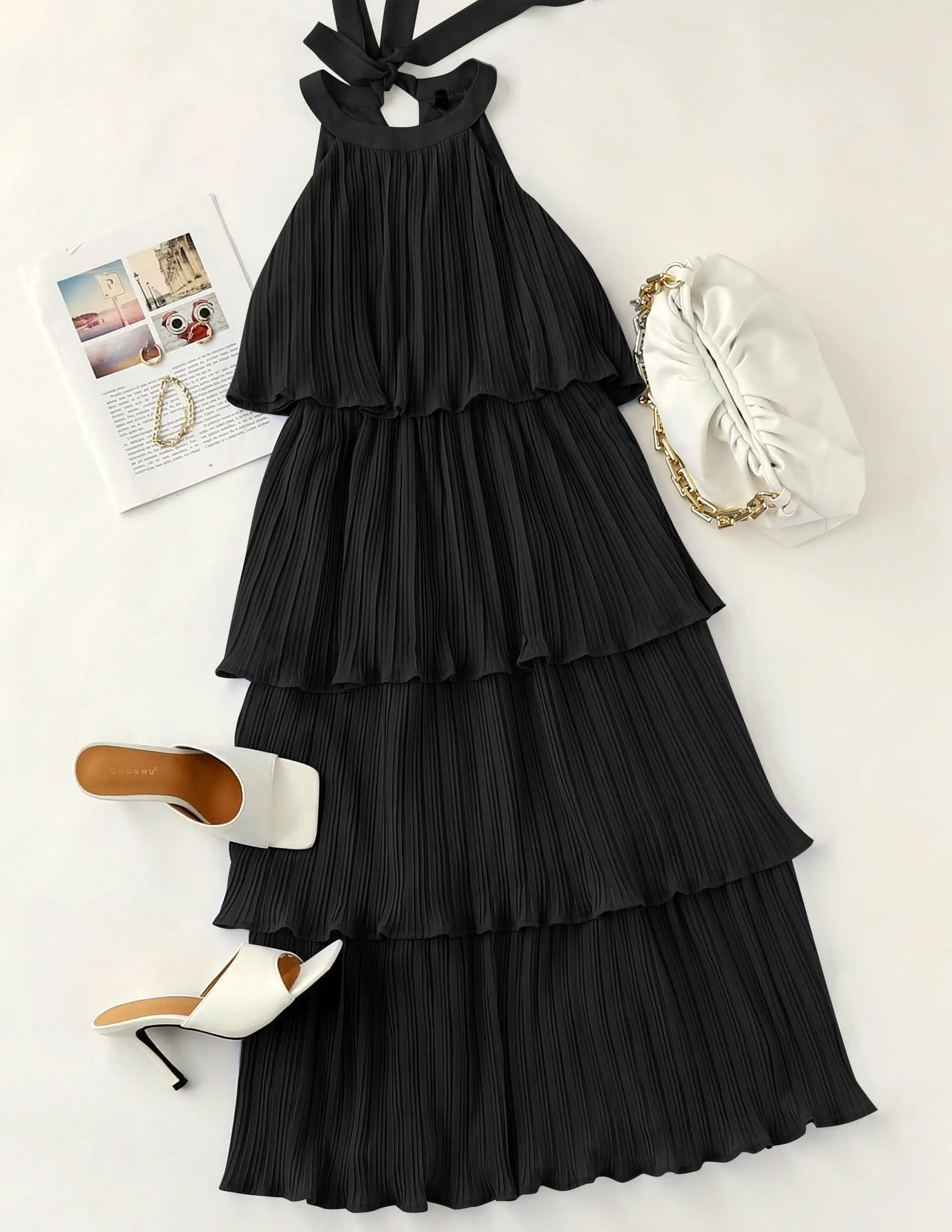 ZESICA Women's 2025 Summer Sleeveless Halter Neck Ruffle Tiered Layed Chiffon Flowy Swing Long Midi Dress,Dark Black,Medium