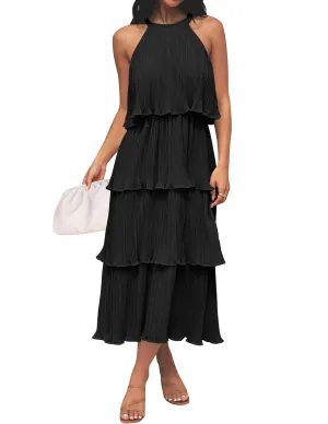 ZESICA Women's 2025 Summer Sleeveless Halter Neck Ruffle Tiered Layed Chiffon Flowy Swing Long Midi Dress,Dark Black,Medium