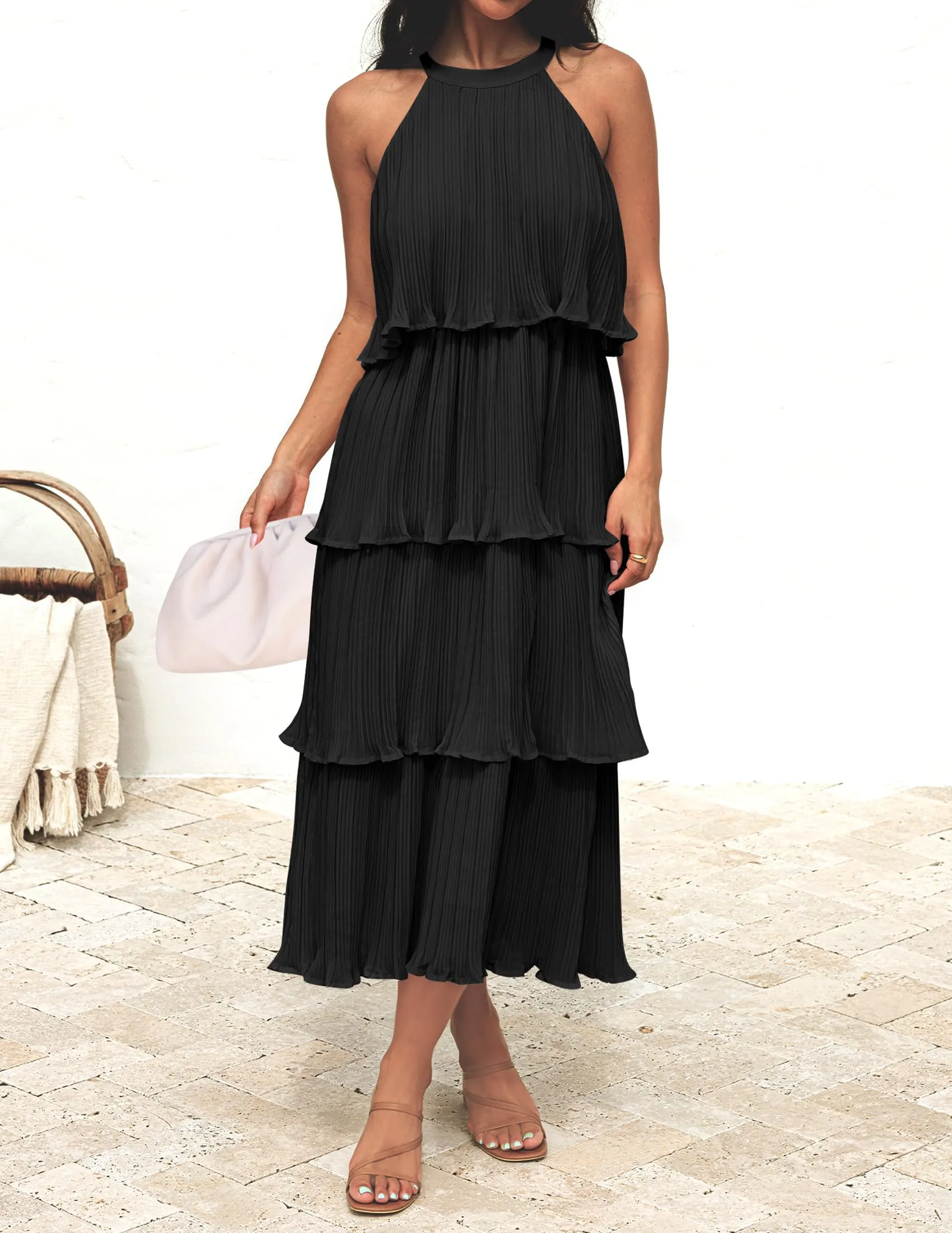 ZESICA Women's 2025 Summer Sleeveless Halter Neck Ruffle Tiered Layed Chiffon Flowy Swing Long Midi Dress,Dark Black,Medium