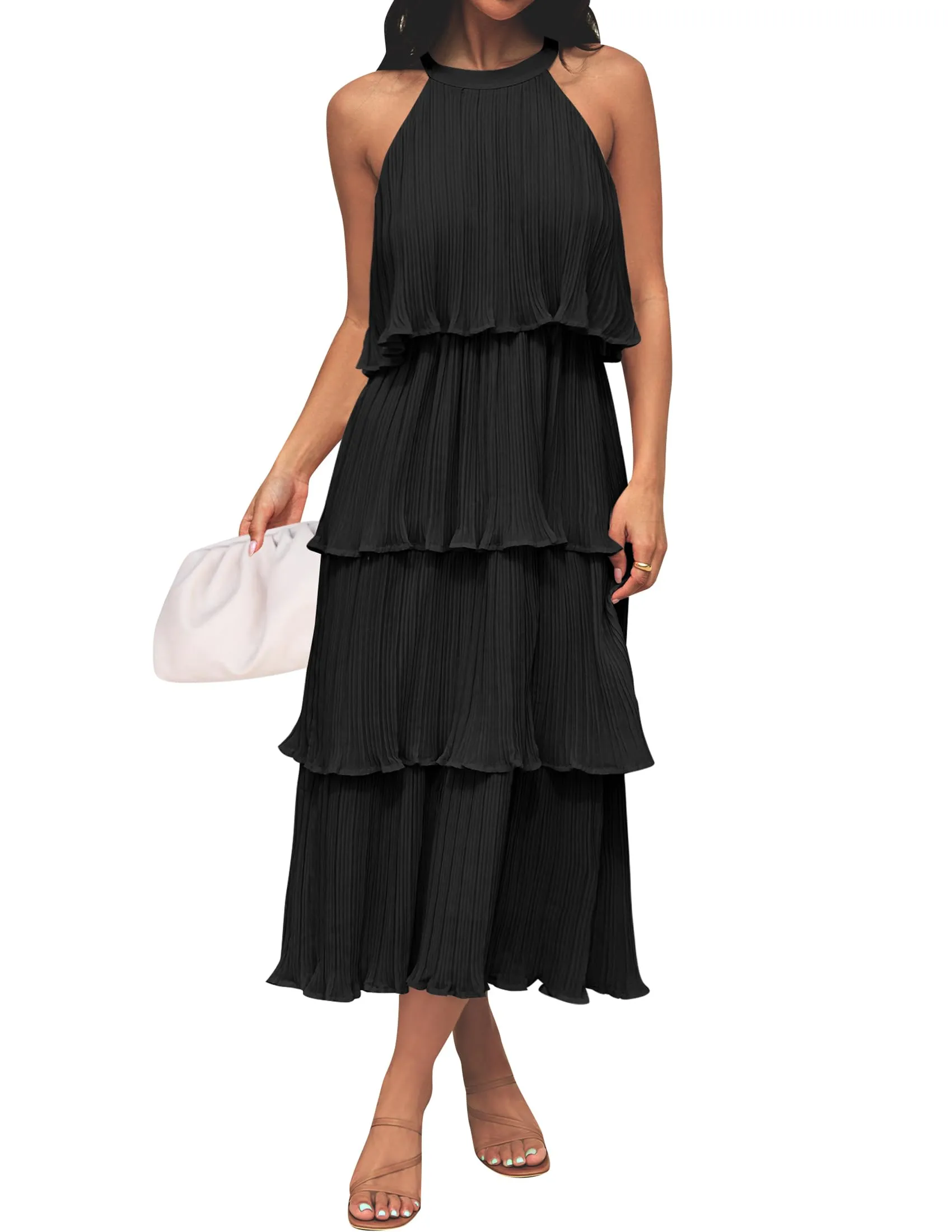 ZESICA Women's 2025 Summer Sleeveless Halter Neck Ruffle Tiered Layed Chiffon Flowy Swing Long Midi Dress,Dark Black,Medium